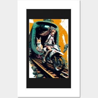 Japanese anime girl riding a bike on the train track Posters and Art